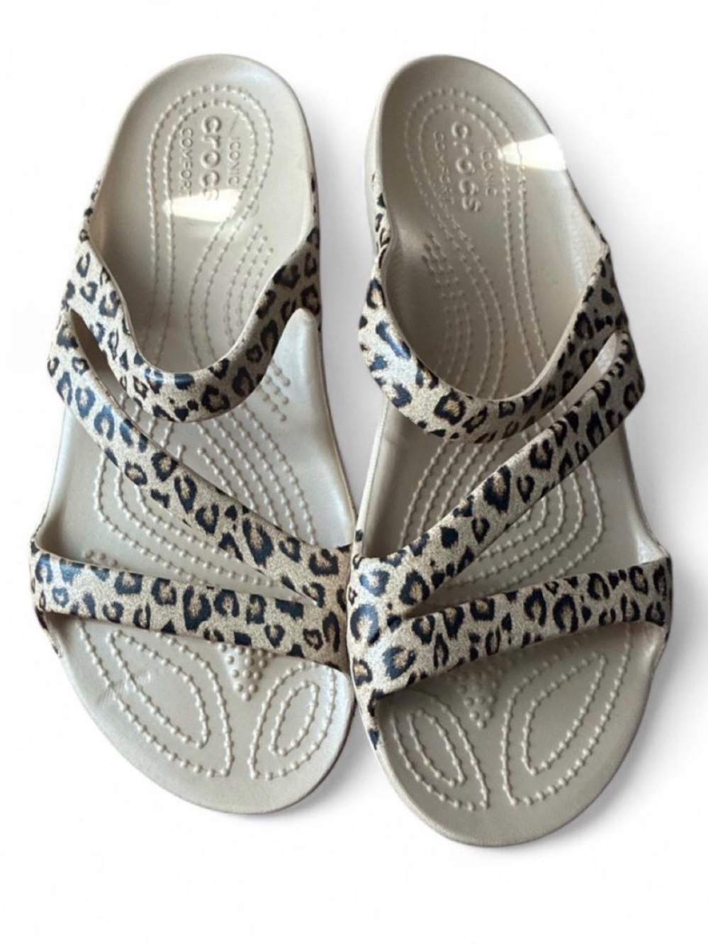 CROCS Women’s Beige Leopard-Print Strap Slide Sandals